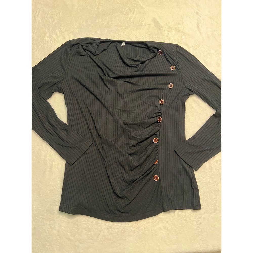 Womens Black Ribbed Long Sleeve Asymmetrical Button Cowl Neck Ruched Top XL